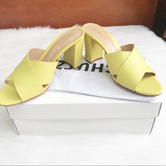 SCHUTZ Renna Leather Mule Block Heel Sandal Yellow - Picture 6 of 8